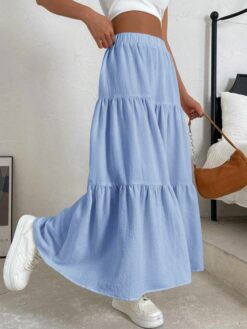COZZY - Jupe mi-longue de style A plissée à la taille élastique, couleur unie, style décontracté, pour femme, été - Bleu azure