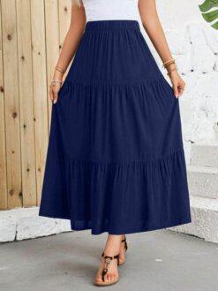 COZZY - Jupe mi-longue de style A plissée à la taille élastique, couleur unie, style décontracté, pour femme, été - Bleu marine