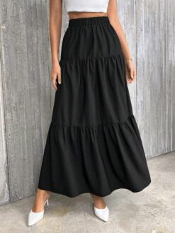 COZZY - Jupe mi-longue de style A plissée à la taille élastique, couleur unie, style décontracté, pour femme, été - Noir