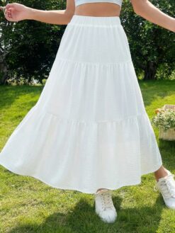 COZZY - Jupe mi-longue de style A plissée à la taille élastique, couleur unie, style décontracté, pour femme, été - Blanc