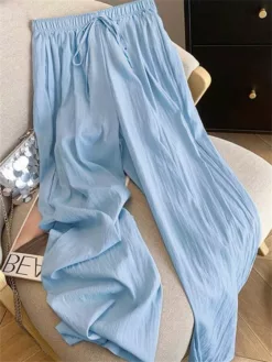 COZZY - Pantalon de vacances d’été à cordon rayé, Bleu ciel
