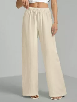 COZZY - Pantalon en coton avec cordon de serrage à la taille en tissu texturé froissé, pantalon cargo Beige claire