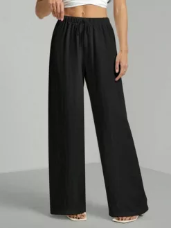 COZZY - Pantalon en coton avec cordon de serrage à la taille en tissu texturé froissé, pantalon cargo Noir