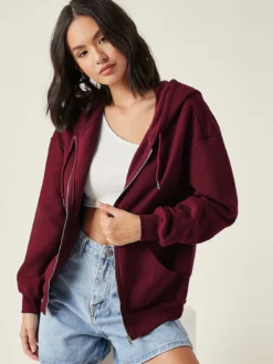 COZZY - BASICS Pull à capuche avec zip Bordeaux