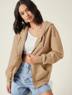 COZZY - BASICS Pull à capuche avec zip Beige