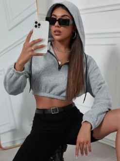 COZZY - Sweat-shirt court col camionneur à poche kangourou à capuche Gris