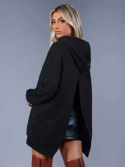 COZZY - Sweat-shirt à capuche unicolore à cordon manches raglan fendu Noir