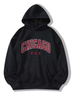 COZZY - Sweat-shirt thermique à lettres "CHICAGO USA" à poche kangourou à cordon en Noir