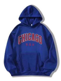 COZZY - Sweat-shirt thermique à lettres "CHICAGO USA" à poche kangourou à cordon en Bleu azur