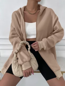 COZZY - Sweat-shirt à capuche thermique unicolore zippé Beige