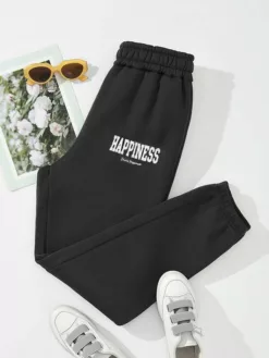 COZZY - Pantalon de survêtement à lettres à doublure thermique " HAPPINESS ", Noir