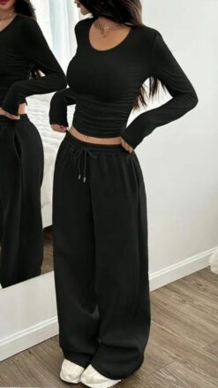 COZZY - Pantalon Baggy à cordon unicolore, Noir